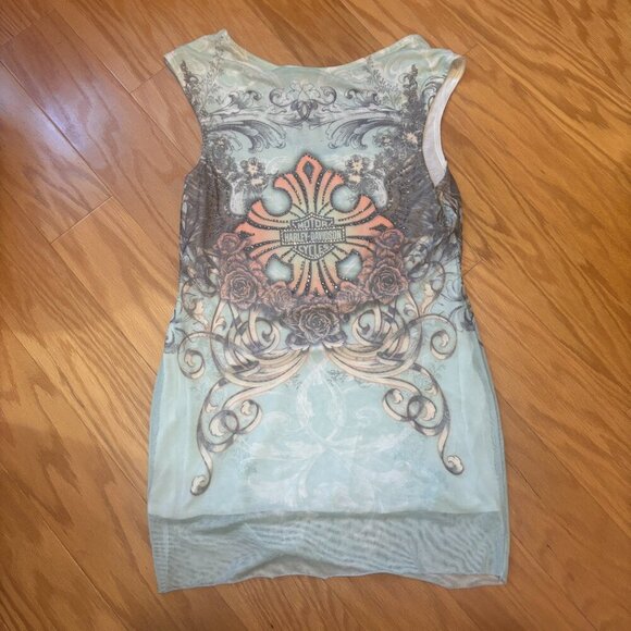 Harley Davidson Sheer Rhinestone Cross Floral Women’s Tank Top Size Large - Picture 3 of 7